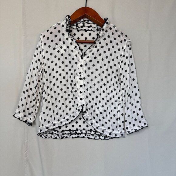Y2K Jaipur White Black Polka Dot Ruffle Beaded 3-D Floral Applique Blouse Size M - Picture 7 of 11